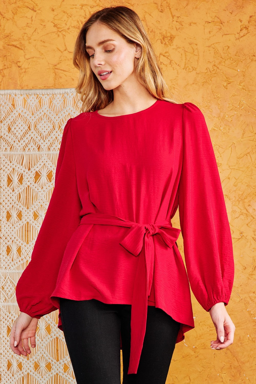 Red solid long sleeve top with front tie