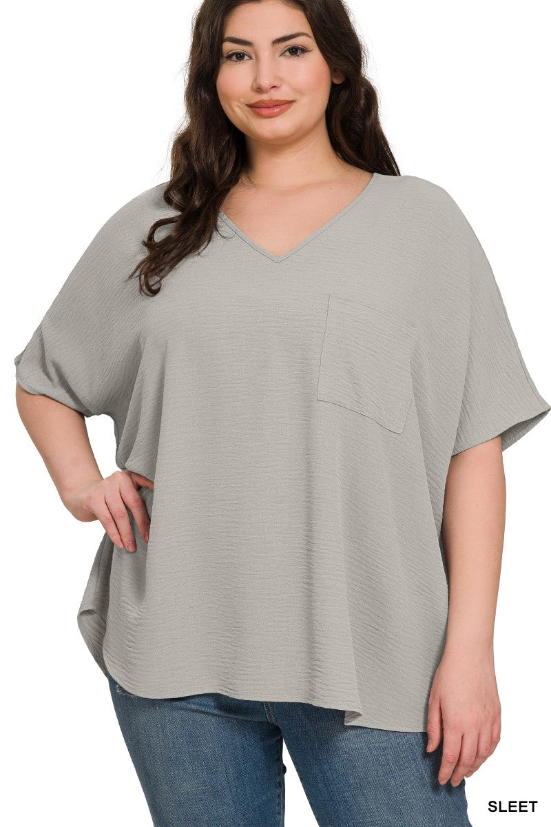 Plus woven airflow v-neck dolman short sleeve top