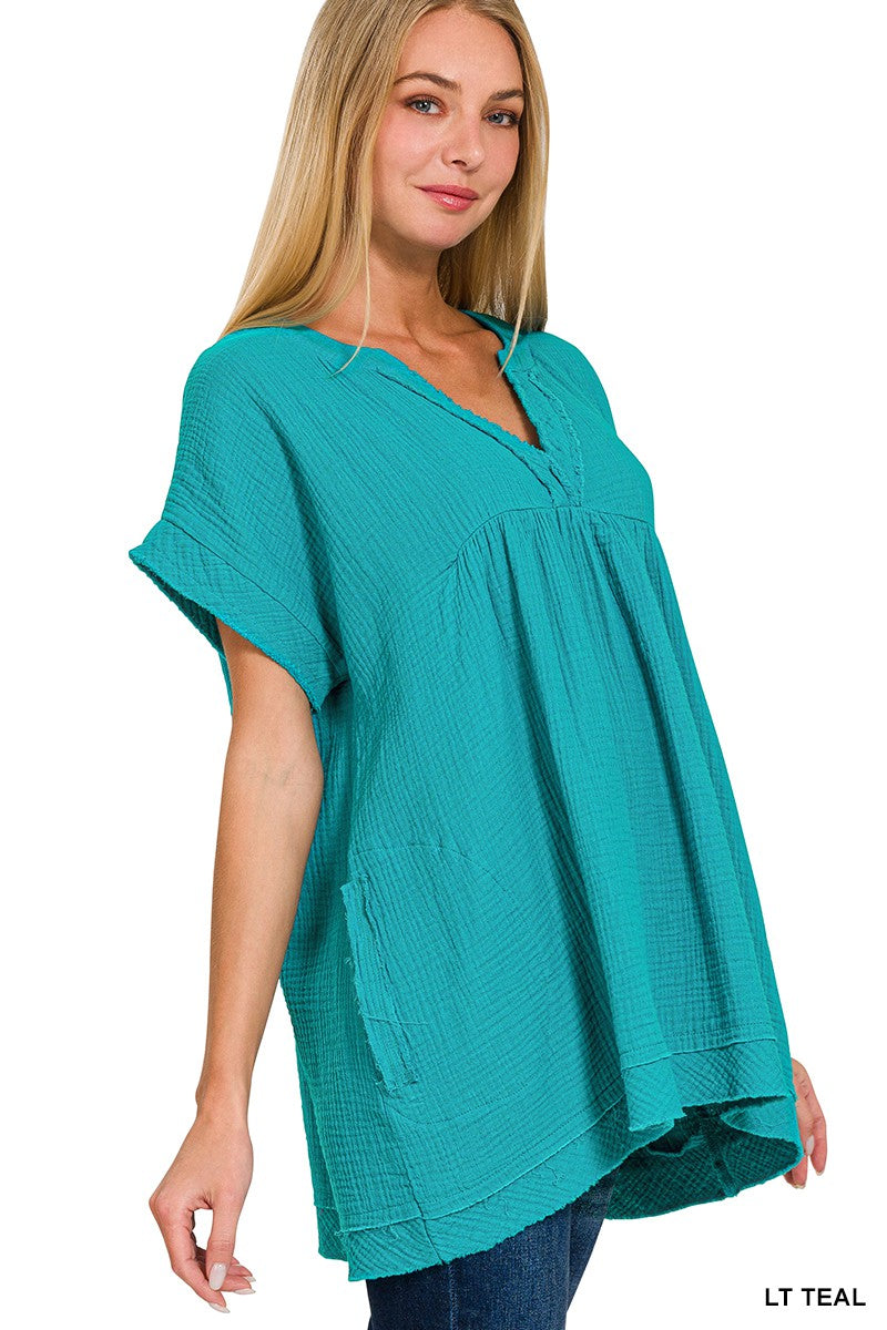 Double gauze raw edge short sleeve v-neck top