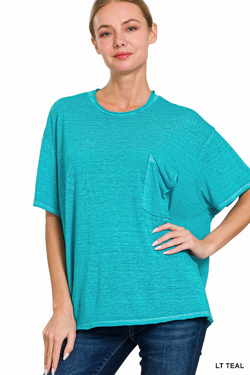 Lt Teal oversized washed melange burnout raw edge tee