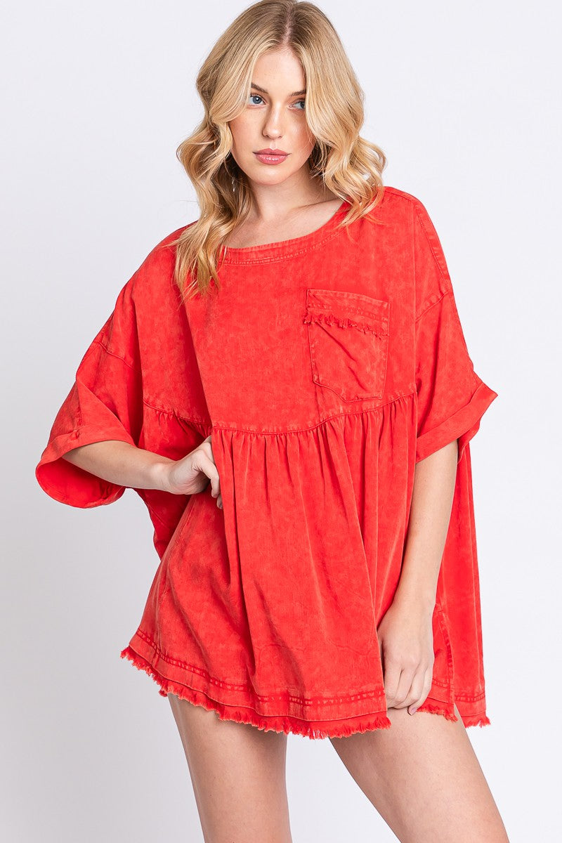 Red MINERAL WASH FRINGE HEM OVERSIZED TOP