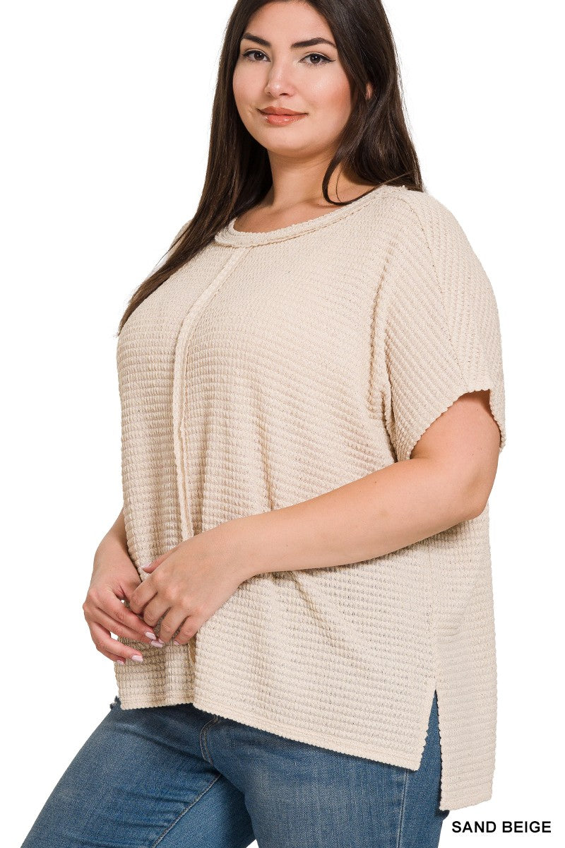 Sand Beige PLUS DOLMAN SHORT SLEEVE JACQUARD SWEATER