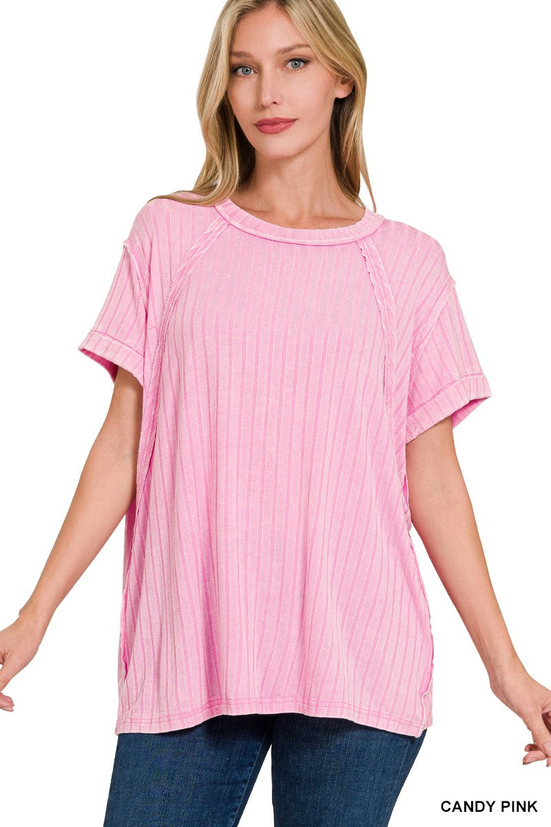 Candy Pink ribbed raglan dolman sleeve boat-neck top