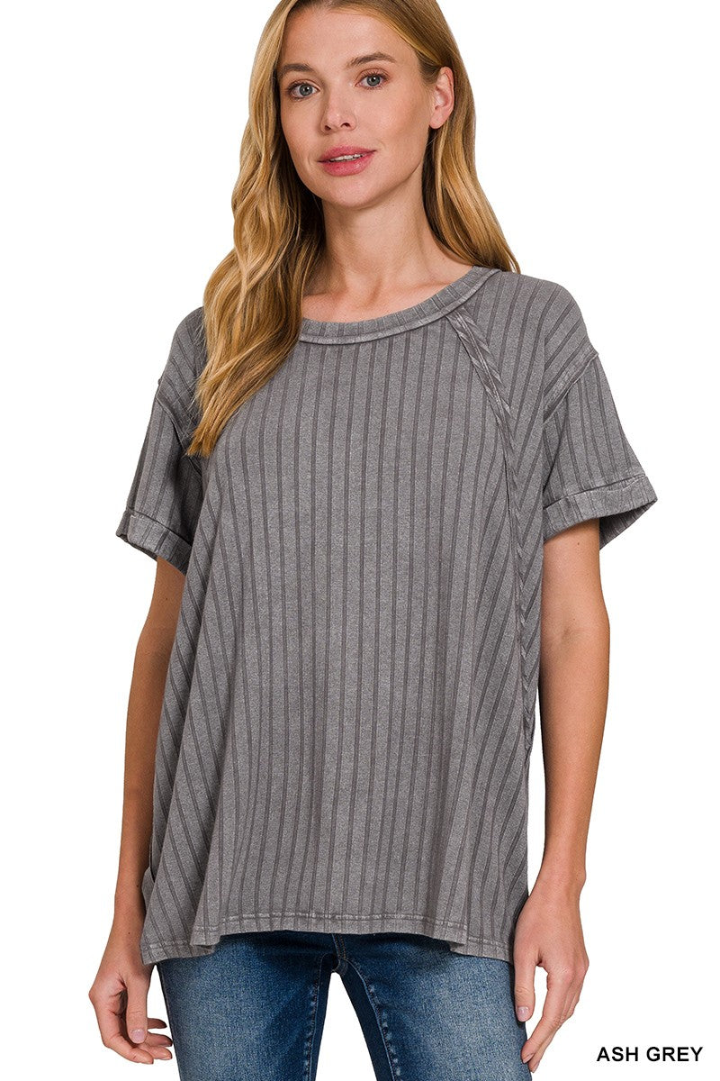 Ash Grey RIBBED RAGLAN DOLMAN SLEEVE BOAT-NECK TOP