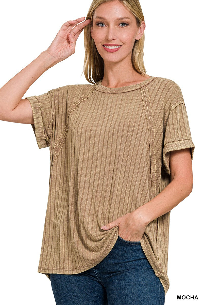 Mocha RIBBED RAGLAN DOLMAN SLEEVE BOAT-NECK TOP