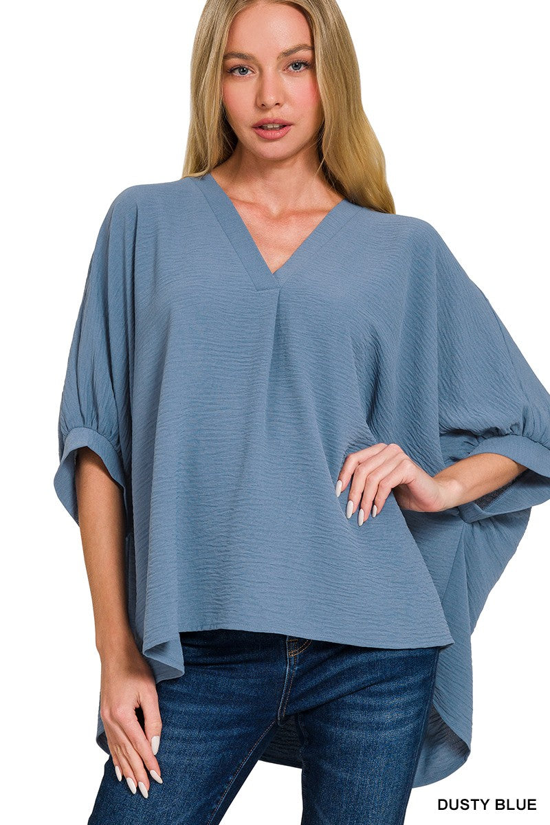 WOVEN AIRFLOW V-NECK PUFF HALF SLEEVE TOP