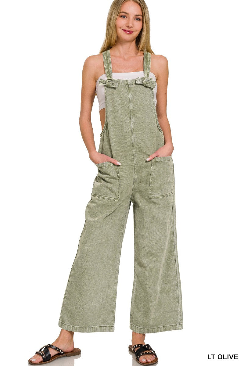 Lt Olive WASHED KNOT STRAP POCKETS JUMPSUIT