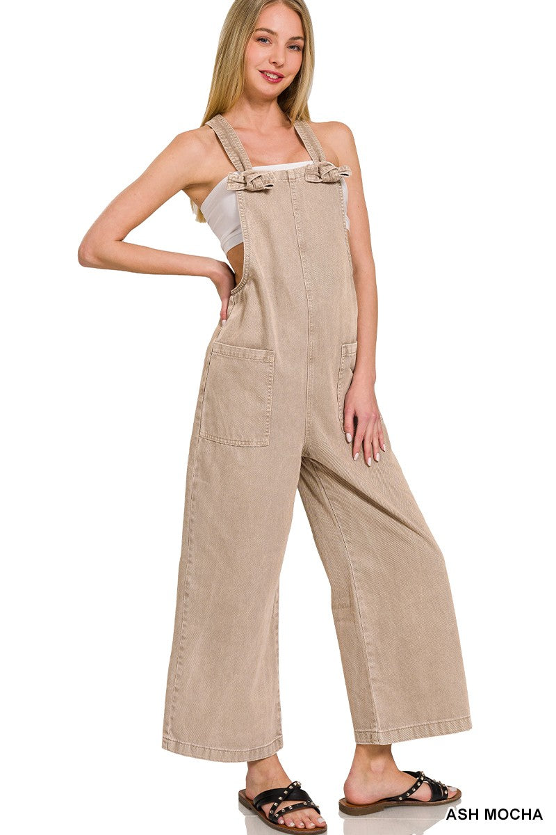 Ash Mocha WASHED KNOT STRAP POCKETS JUMPSUIT