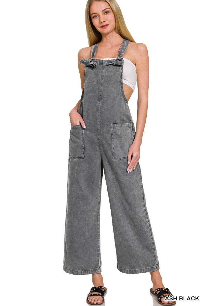 Ash Black WASHED KNOT STRAP POCKETS JUMPSUIT