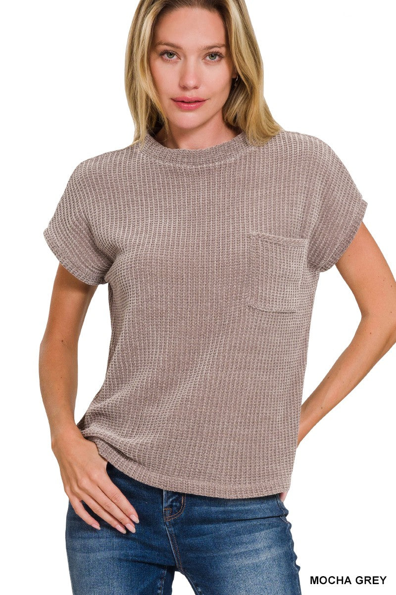 Mocha Grey Chenille Waffle Short Sleeve Sweater