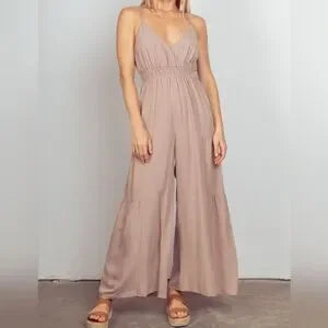 Natural woven wide leg jumpsuit